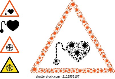 Das Symbol für die Geschwindigkeitsmarken von Coronavirus und die Bonussymbole. Pace-Maker-Warnkollektion für medizinische Vorlagen. Die Vektorgrafik ist aus verstreuten Coronavirus-Elementen organisiert.