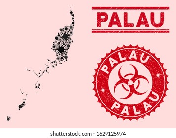 Coronavirus collage Palau map and red corroded stamp seals with biohazard symbol. Palau map collage designed with scattered pathogen items. Red rounded outbreak danger seal stamp,