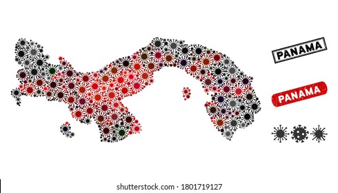 Coronavirus collage el mapa de Panamá y sellos de sellos angustiados. Collage del mapa de Panamá construido con símbolos de pandemia rojos y negros dispersos. Sellos rectangulares, con textura impura.