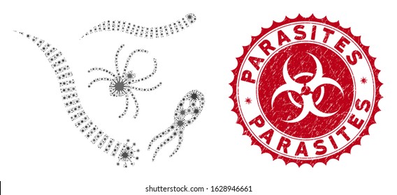 Coronavirus collage parasites icon and round grunge stamp watermark with Parasites phrase. Mosaic vector is designed with parasites icon and with randomized viral items.