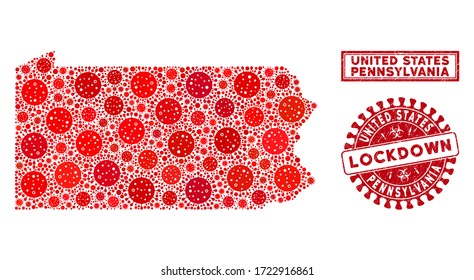 Coronavirus collage Pennsylvania State map and seal stamps. Red rounded lockdown distress seal. Vector coronavirus infection elements are grouped into collage Pennsylvania State map.