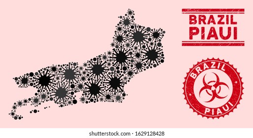 Coronavirus collage Piaui State map and red rubber stamp watermarks with biohazard sign. Piaui State map collage constructed with randomized microbe cell items. Red round outbreak danger seal stamp,