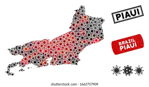 Coronavirus collage Piaui State map and rubber stamp watermarks. Piaui State map collage designed with scattered red and black microorganism icons. Rectangle watermarks, with dirty texture.