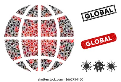 Coronavirus sammelt den Planeten Globus und korrodierte Wasserzeichen. Planet-Globus-Collage entworfen mit randomisierten rot-schwarzen Epidemien. Verdichtungen im Rückwinkel mit Notgefühl.