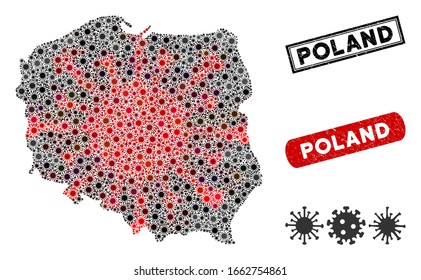 Coronavirus collage Poland map and corroded stamp watermarks. Poland map collage composed with random red and black sars symbols. Rectangle stamps, with dirty texture.
