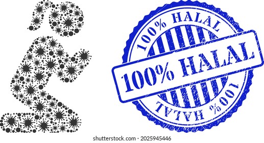 Coronavirus collage praying girl icon, and grunge 100 percents HALAL seal. Praying girl collage for isolation templates, and dirty round blue seal. Vector collage is created from randomized