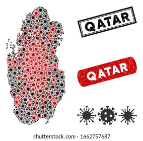 Coronavirus collage Qatar map and grunge stamp watermarks. Qatar map collage created with randomized red and black bacteria elements. Rectangle seal stamps, with grunge texture.