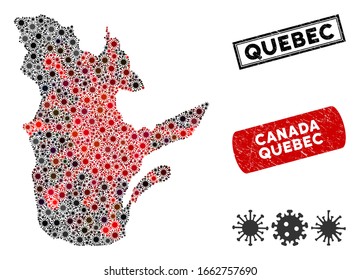 Coronavirus collage Quebec Province map and distressed stamp seals. Quebec Province map collage formed with scattered red and black mers-cov icons. Rectangle seals, with grunge texture.