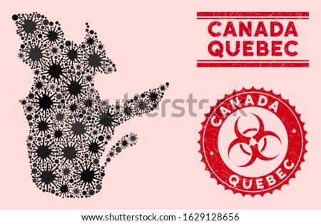 Coronavirus collage Quebec Province map and red distressed stamp seals with biohazard sign. Quebec Province map collage created with randomized contagion icons. Red round outbreak danger seal stamp,