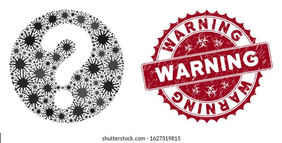 Coronavirus collage query icon and rounded rubber stamp seal with Warning phrase. Mosaic vector is created with query icon and with random mers-cov items. Warning stamp seal uses biohazard style,