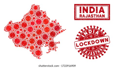 Coronavirus collage Rajasthan State map and seals. Red rounded lockdown distress seal stamp. Vector coronavirus pathogen items are composed into collage Rajasthan State map.