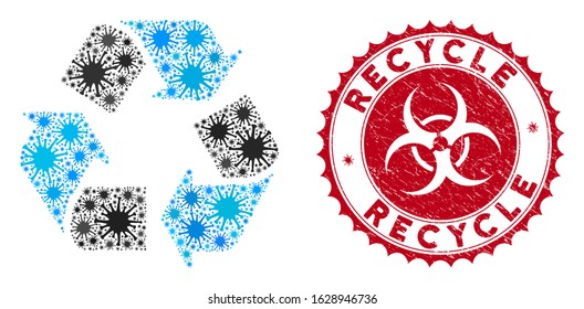 Coronavirus collage recycle arrows icon and round distressed stamp seal with Recycle text. Mosaic vector is formed with recycle arrows icon and with scattered epidemic symbols.