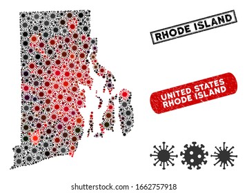 Coronavirus collage Rhode Island State map and corroded stamp watermarks. Rhode Island State map collage constructed with randomized red and black microbe items. Rectangle watermarks,