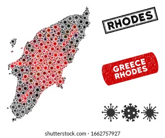 Coronavirus collage Rhodes Island map and grunge stamp seals. Rhodes Island map collage formed with scattered red and black viral symbols. Rectangle seals, with scratched texture.