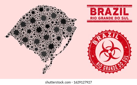 Coronavirus collage Rio Grande do Sul State map and red corroded stamp watermarks with biohazard symbol. Rio Grande do Sul State map collage created with scattered mers-cov symbols.