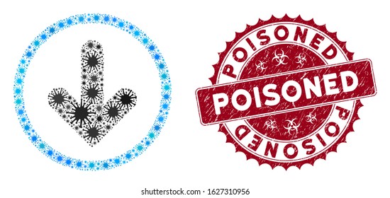 Coronavirus collage rounded arrow icon and rounded corroded stamp seal with Poisoned phrase. Mosaic vector is designed with rounded arrow icon and with scattered contagious icons.