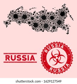 Coronavirus collage Russia map and red distressed stamp watermarks with biohazard symbol. Russia map collage created with scattered bacillus elements. Red round outbreak danger seal stamp,
