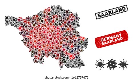 Coronavirus collage Saarland Land map and rubber stamp seals. Saarland Land map collage formed with scattered red and black viral items. Rectangle seals, with dirty texture.