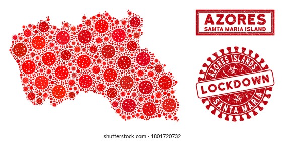 Coronavirus collage Santa Maria Island map and watermarks. Red rounded lockdown textured seal stamp. Vector covid pathogen icons are grouped into collage Santa Maria Island map.