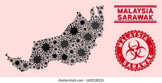 Coronavirus collage Sarawak State map and red grunge stamp watermarks with biohazard symbol. Sarawak State map collage designed with randomized microbe elements. Red round outbreak danger stamp,