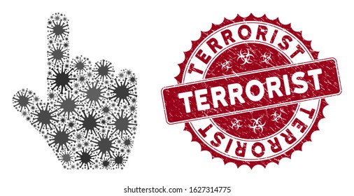 Coronavirus collage select gesture icon and round grunge stamp seal with Terrorist phrase. Mosaic vector is designed from select gesture icon and with scattered infection icons.