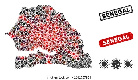 Coronavirus collage Senegal map and grunge stamp watermarks. Senegal map collage designed with random red and black flu icons. Rectangle watermarks, with scratched texture.
