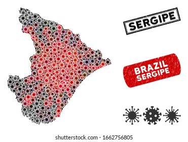 Coronavirus collage Sergipe State map and corroded stamp watermarks. Sergipe State map collage designed with random red and black virus items. Rectangle watermarks, with distress texture.