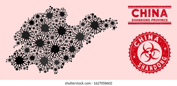Coronavirus collage Shandong Province map and red distressed stamp seals with biohazard symbol. Shandong Province map collage formed with scattered viral elements. Red round outbreak danger seal,