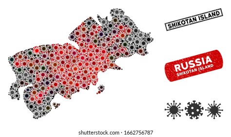 Coronavirus collage Shikotan Island map and grunge stamp watermarks. Shikotan Island map collage composed with randomized red and black mers elements. Rectangle seal stamps, with unclean texture.