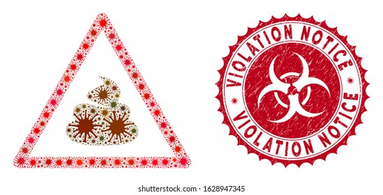 Coronavirus collage shit warning icon and rounded rubber stamp seal with Violation Notice text. Mosaic vector is composed with shit warning icon and with random contagion items.
