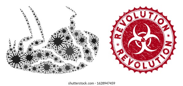 Coronavirus collage sick flea icon and rounded grunge stamp seal with Revolution caption. Mosaic vector is created with sick flea pictogram and with randomized bacteria items.