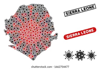 Coronavirus collage Sierra Leone map and grunge stamp watermarks. Sierra Leone map collage created with scattered red and black viral elements. Rectangle watermarks, with distress texture.