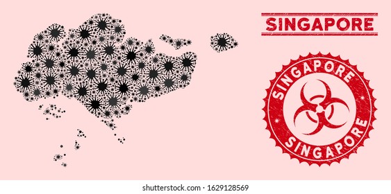 Coronavirus collage Singapore map and red grunge stamp seals with biohazard symbol. Singapore map collage composed with scattered viral elements. Red rounded outbreak danger seal, with grunge texture.