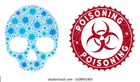 Coronavirus collage skull icon and rounded rubber stamp seal with Poisoning caption. Mosaic vector is created with skull icon and with randomized flu symbols.