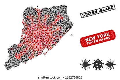 Coronavirus collage Staten Island map and distressed stamp watermarks. Staten Island map collage constructed with scattered red and black mers-cov symbols. Rectangle seals, with grunge texture.