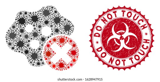 Coronavirus collage stop infection icon and round grunge stamp seal with Do Not Touch phrase. Mosaic vector is designed with stop infection icon and with randomized bacteria elements.