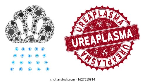 Coronavirus collage storm cloud icon and rounded grunge stamp watermark with Ureaplasma phrase. Mosaic vector is composed with storm cloud icon and with randomized infectious icons.