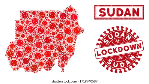 Coronavirus collage Sudan map and seal stamps. Red rounded lockdown grunge seal. Vector covid pathogen icons are arranged into collage Sudan map. Vector combination for lockdown,