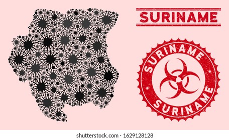 Coronavirus collage Suriname map and red distressed stamp watermarks with biohazard sign. Suriname map collage designed with randomized bacteria icons. Red round outbreak danger watermark,