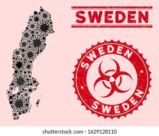 Coronavirus collage Sweden map and red distressed stamp seals with biohazard sign. Sweden map collage created with randomized microorganism icons. Red rounded outbreak danger stamp,