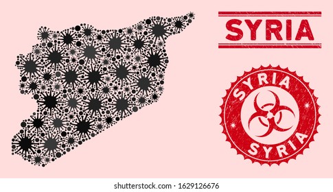 Coronavirus collage Syria map and red grunge stamp watermarks with biohazard symbol. Syria map collage composed with scattered mers-cov items. Red round outbreak danger seal, with grunge texture.