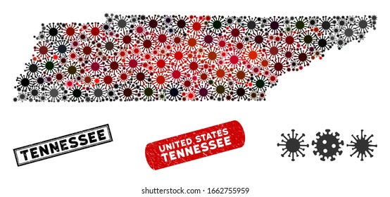 Coronavirus collage Tennessee State map and rubber stamp watermarks. Tennessee State map collage composed with random red and black infectious elements. Rectangle watermarks, with grunge texture.