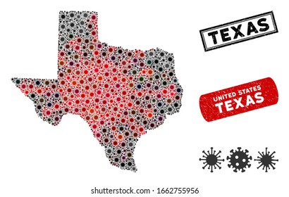Coronavirus collage Texas map and rubber stamp watermarks. Texas map collage composed with scattered red and black infection elements. Rectangle seals, with unclean texture.