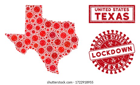 Coronavirus collage Texas map and seals. Red rounded lockdown scratched stamp. Vector coronavirus pathogen items are united into composition Texas map. Vector collage for safety,