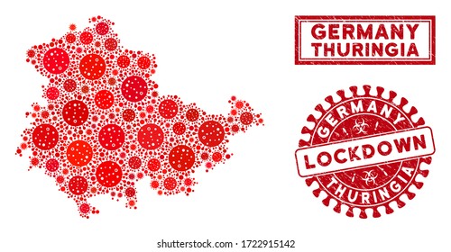 Coronavirus Collage Thüringia Land Karte und Robben. Roter Rundverschluss-Distress-Siegel. Die Pathogenelemente von Vektorcoronavirus werden in der Karte von Thüringen zusammengefasst. Vektorgrafik-Sammelband für die Gesundheitsversorgung,