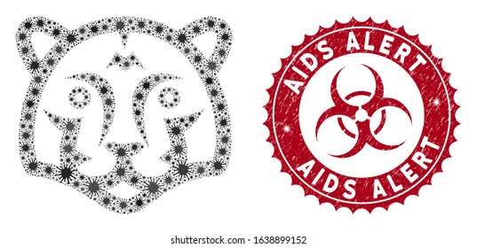 Coronavirus collage tiger head icon and rounded distressed stamp seal with AIDS Alert text. Mosaic vector is designed with tiger head icon and with scattered infectious elements.