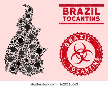 Coronavirus collage Tocantins State map and red rubber stamp watermarks with biohazard sign. Tocantins State map collage formed with scattered contagion items. Red round outbreak danger stamp,
