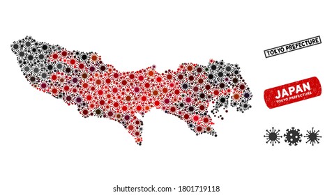 Coronavirus collage Tokyo Prefecture map and grunge stamp watermarks. Tokyo Prefecture map collage created with scattered red and black epidemic icons. Rectangle watermarks, with scratched texture.