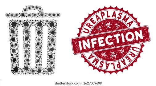 Coronavirus collage trash bin icon and round rubber stamp seal with Ureaplasma Infection phrase. Mosaic vector is composed with trash bin pictogram and with random mers-cov objects.