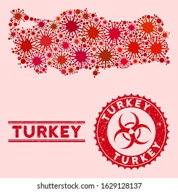 Coronavirus collage Turkey map and red grunge stamp watermarks with biohazard sign. Turkey map collage composed with randomized flu symbols. Red rounded outbreak danger seal stamp,